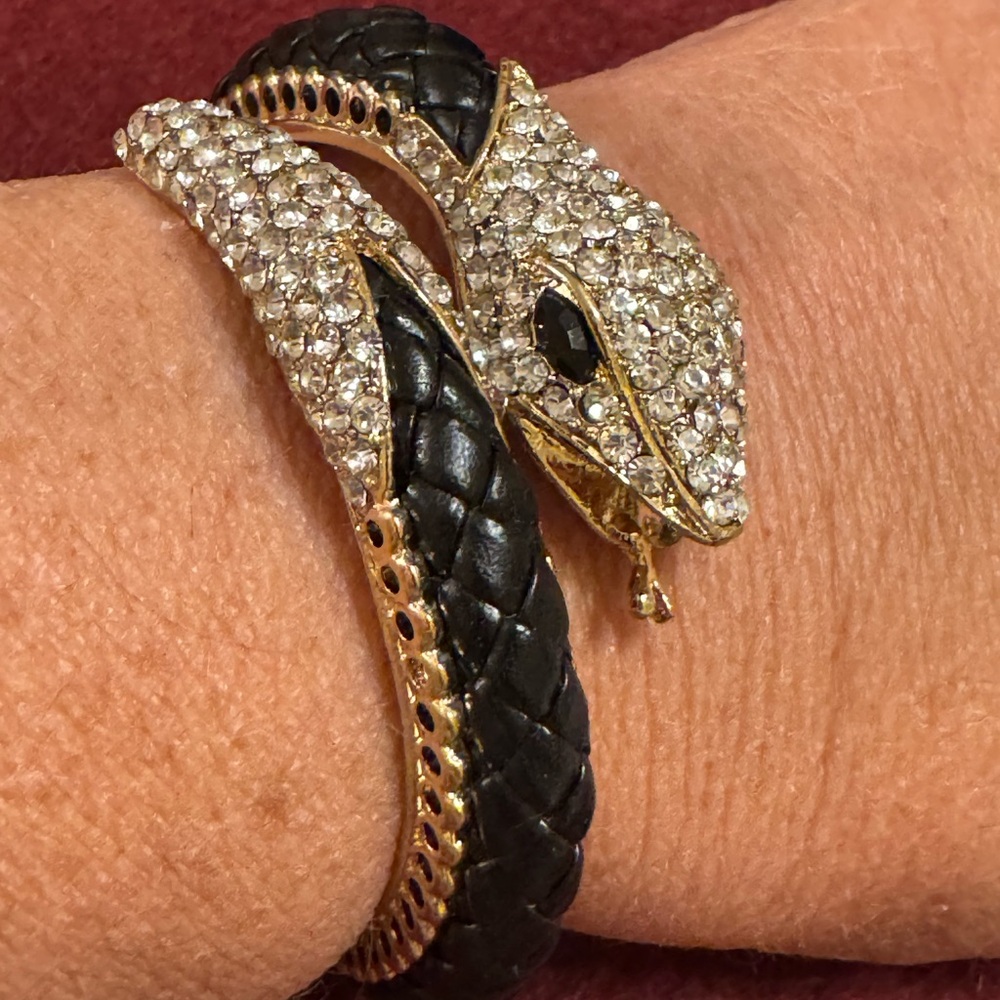 NWOT gold tone & black leather braided cuff snake bracelet w/clear rhinestones